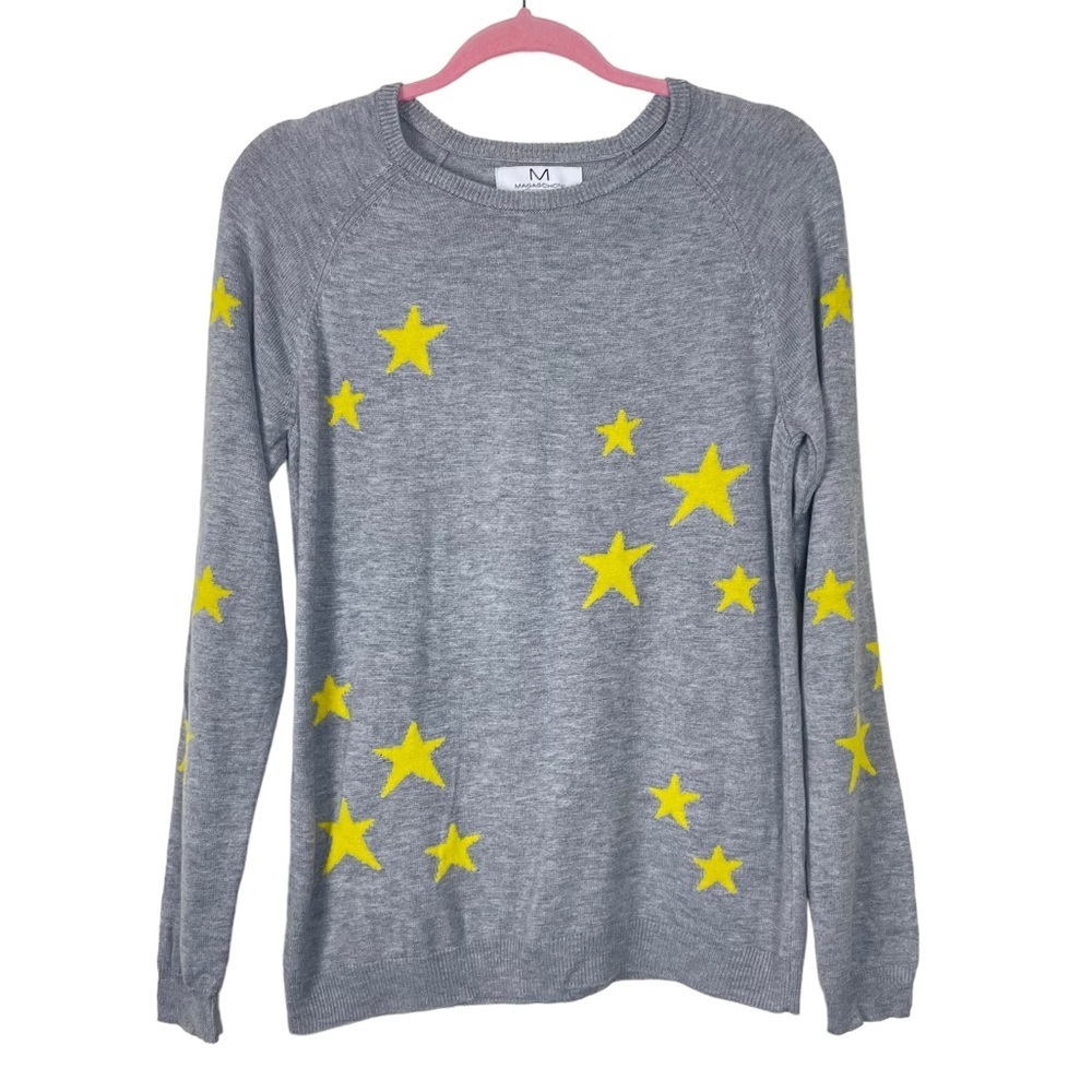 Magaschoni Cashmere Blend Crewneck Gray Yellow Star Sweater Size M - Picture 10 of 11